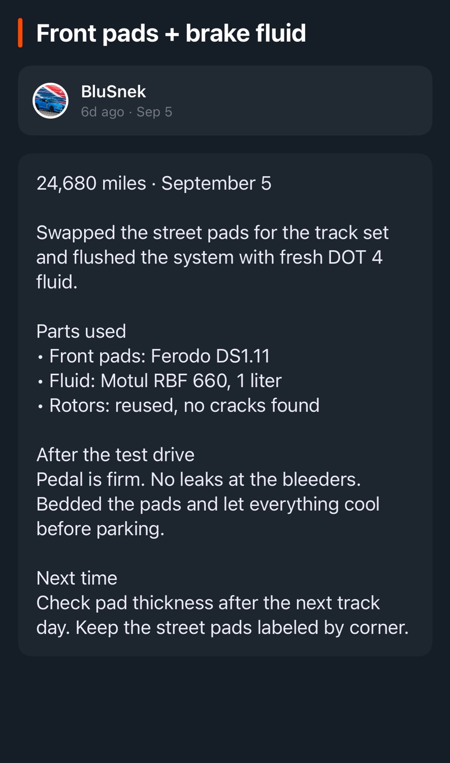 Brake-service note for BluSnek with mileage, parts used, and follow-up work