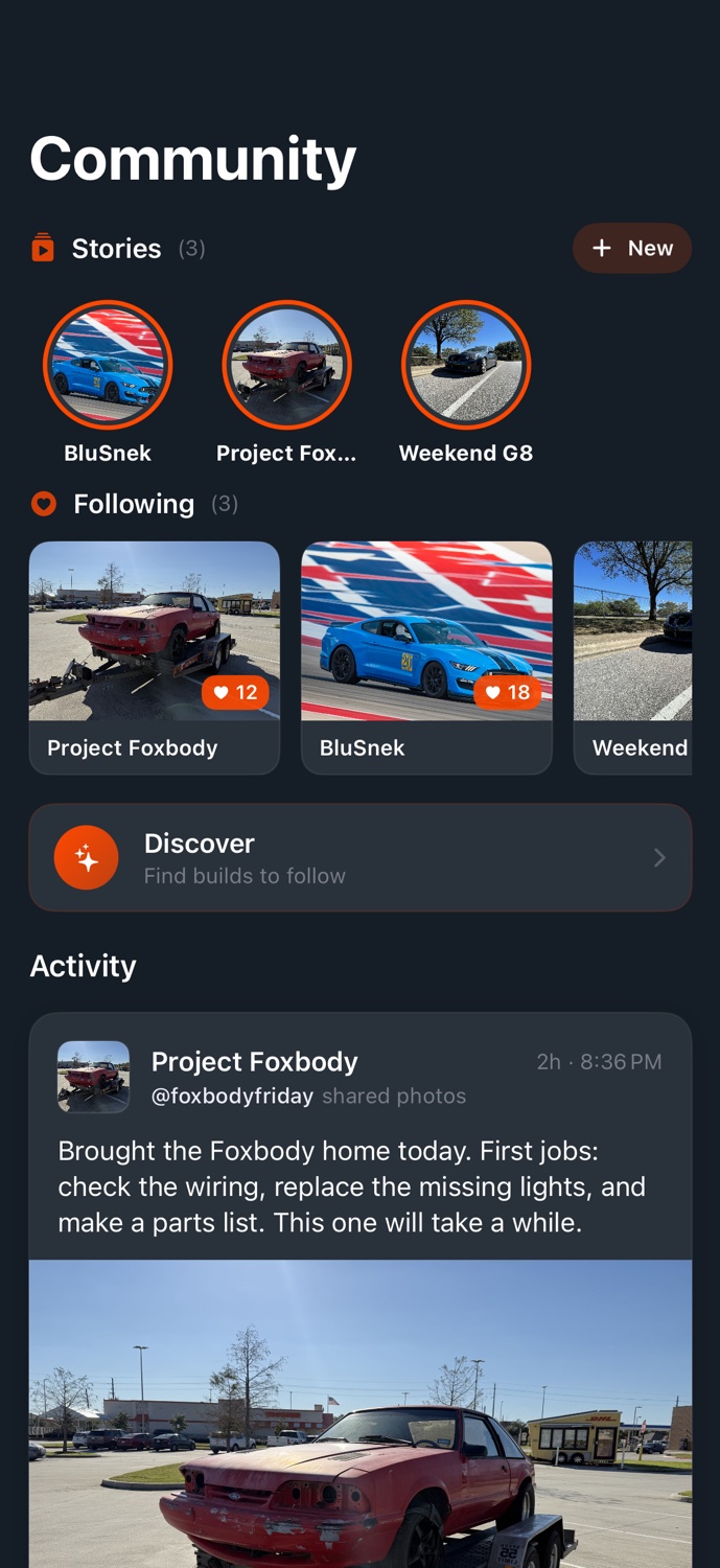 PitStop community with followed builds and their latest updates