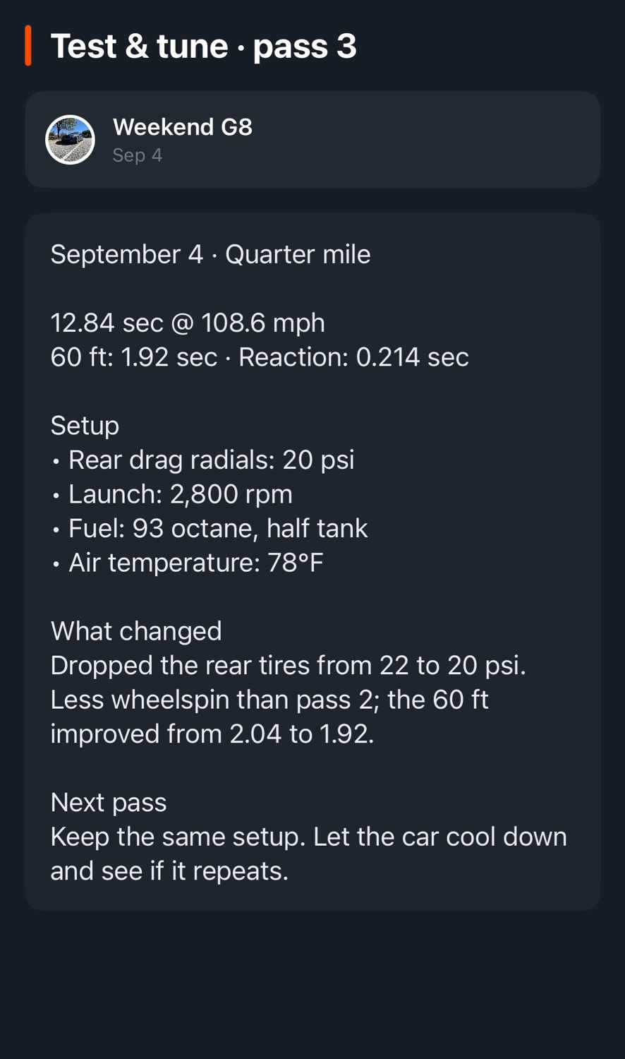 Quarter-mile pass note with elapsed time, trap speed, tire pressure, and launch setup
