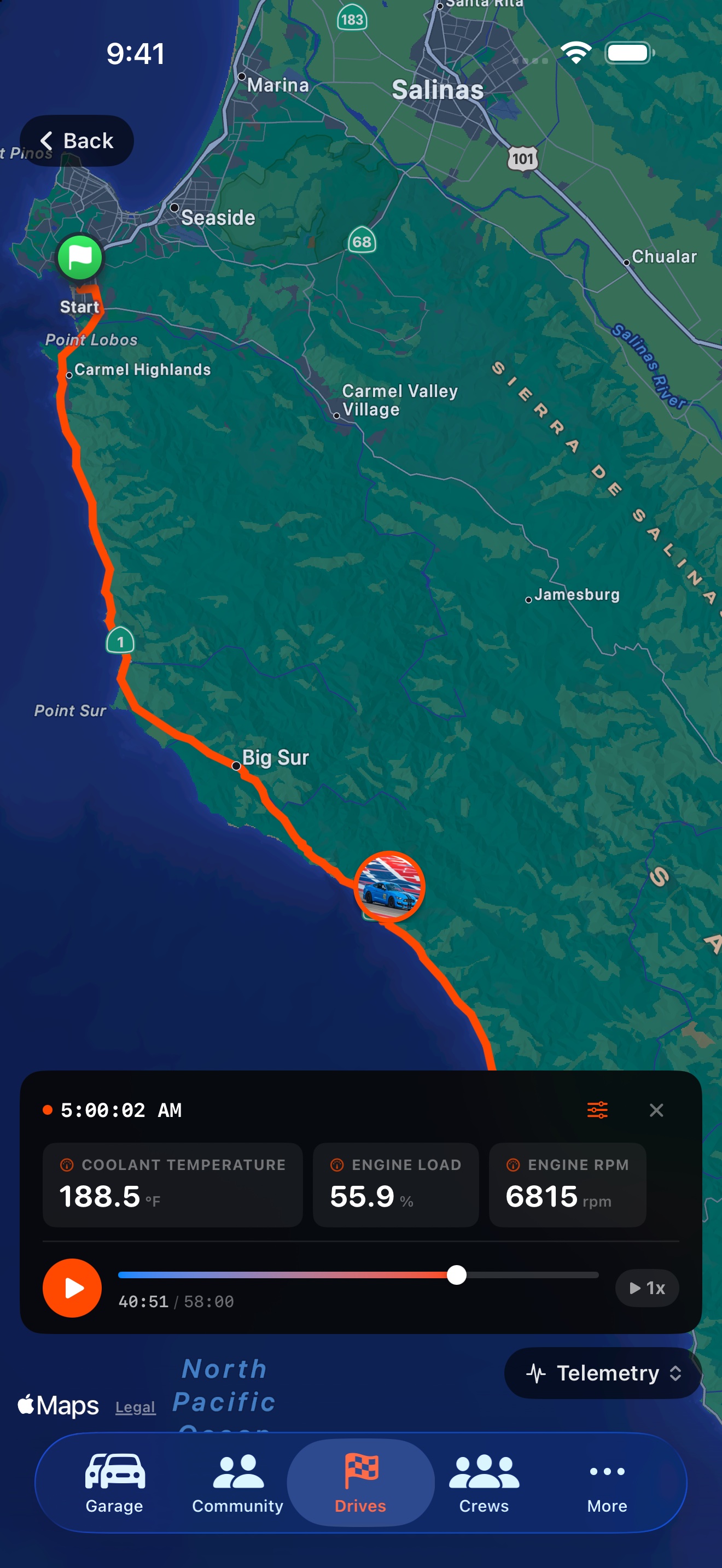 A saved drive replay showing its route, coolant temperature, engine load, and RPM at the selected moment