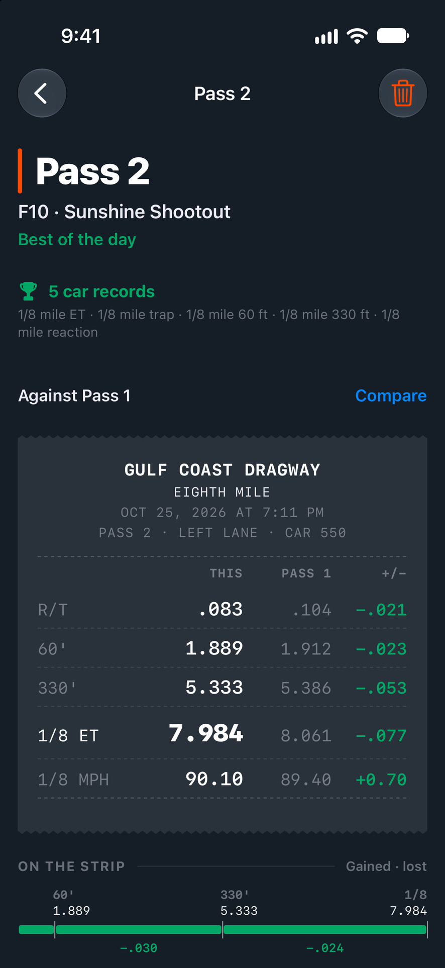 An eighth-mile time slip for the F10 with a 7.984 second time, shown next to the pass before it